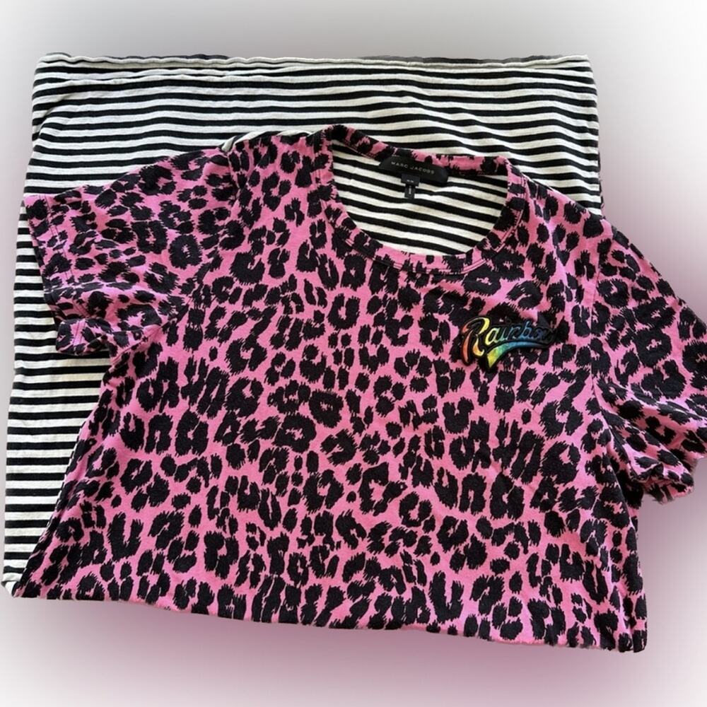 Marc Jacobs Rainbow Pink Leopard Black & White Stripe Clash Shirt Dress M